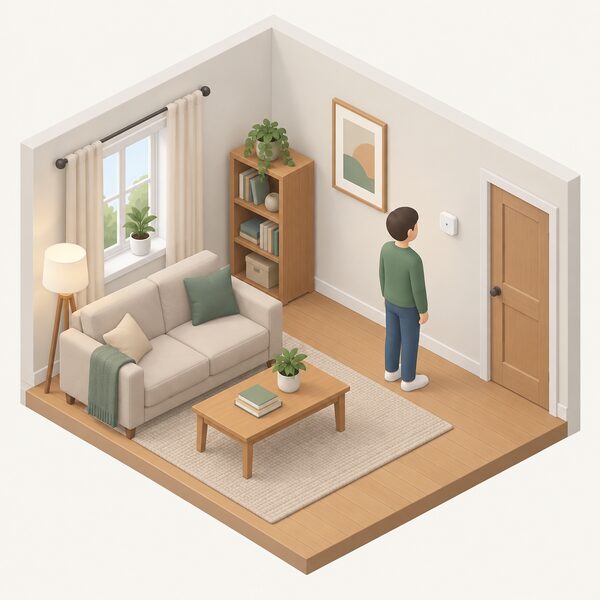 A small in-home temperature sensor mounted on an interior wall of a lived-in room, with a simplified isometric figure nearby, showing the modest monitoring hardware that measures actual home heating performance rather than relying on calculations.