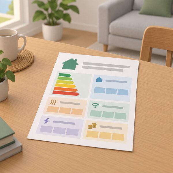 A domestic energy performance certificate as a physical paper document lying on a table in a home, its page showing plain colour bands and blank metric blocks for fabric performance, heating system, smart readiness, energy and cost, with no readable words or figures.