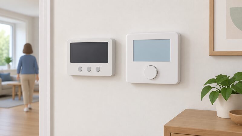 A home interior wall with a smart meter display unit and a wall-mounted heat pump controller mounted side by side, both shown as simple devices with plain blank screens, with no other equipment visible.