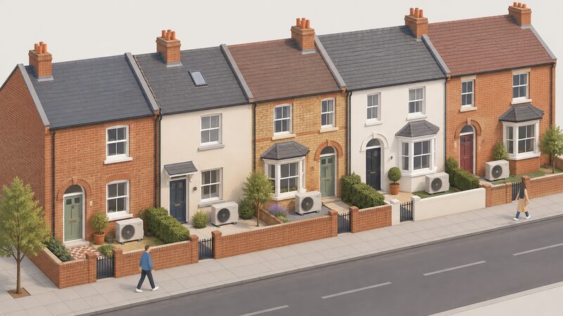 A row of UK terraced houses seen from the street, each with an external air-source heat pump unit standing on the ground beside its front or rear wall, showing varied but neighbouring dwellings rather than one identical archetype.