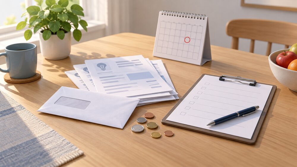 A small kitchen-table arrangement of unopened energy bills and envelopes, a few scattered coins, a blank repayment-plan form on a clipboard with a pen resting on it, and a wall calendar showing a circled date, all lit by soft daylight from a nearby window.