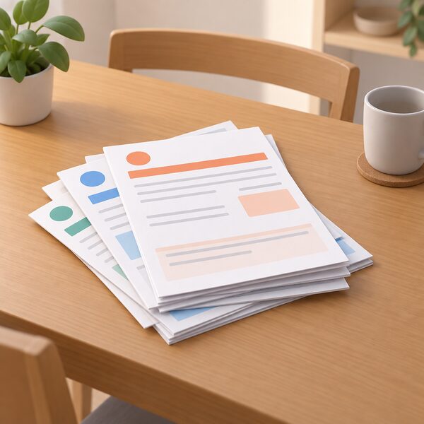 A neat stack of household energy bills and arrears statements lying on a domestic table, drawn as physical paper documents with blank lines and plain colour bands instead of readable figures, representing the debt totals described in the section.