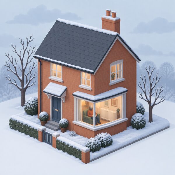 A simple cutaway UK house in cold weather with a radiator visible through the front window, a small figure seated indoors near the radiator, and bare trees and a cold sky outside suggesting the cost of keeping the home warm.