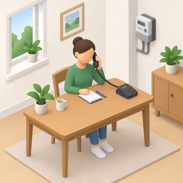 A simplified isometric person sits at a home table holding a telephone handset to their ear, receiving free energy advice, with a notepad and pen beside them and a domestic energy meter visible on a nearby wall.