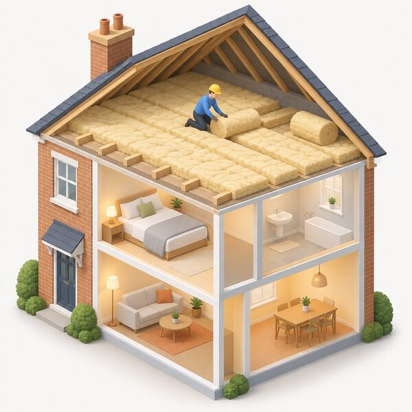 A cutaway view of a simple UK house showing a thick blanket layer of loft insulation laid between and across the joists of the loft floor, with a small isometric figure of an installer kneeling to lay the final roll, and the rooms below shown in plain colour to represent the home being kept warm.