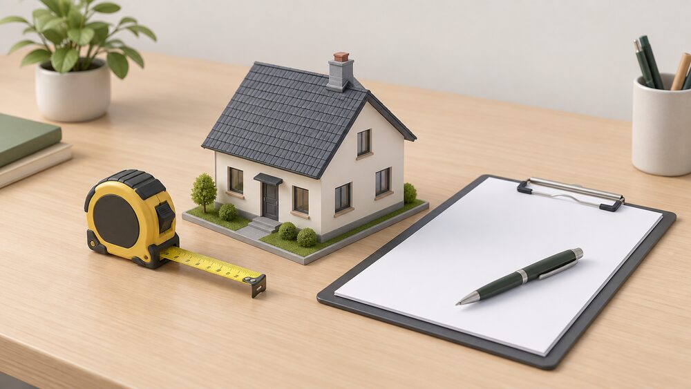 A small model house sits on a desk beside blank certificate-style paperwork on a clipboard, a measuring tape coiled nearby and a pen resting on the forms, suggesting an energy assessment of the building rather than its occupants.