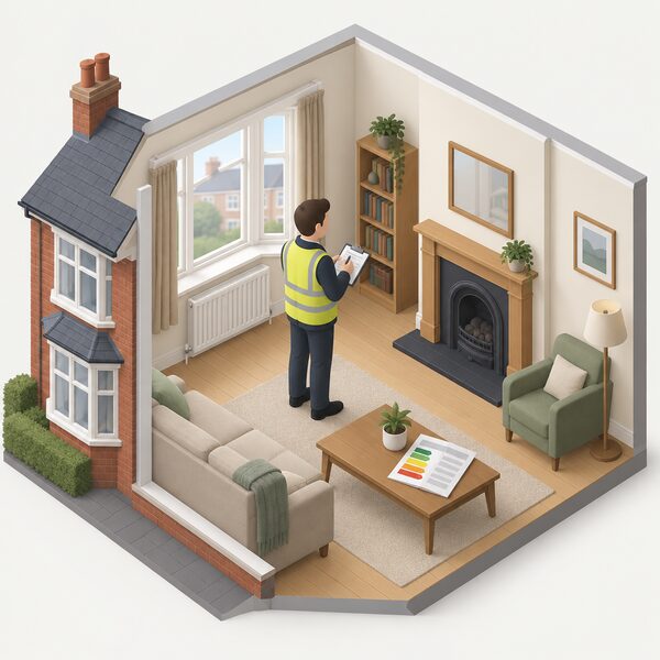 An energy assessor with a clipboard stands in the living room of an existing 1930s semi-detached house during a site survey, noting features of the room while a folded EPC-style certificate sheet lies on a nearby table, its content shown only as blank lines and plain colour bands.