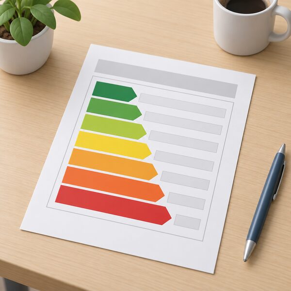 A printed EPC energy efficiency chart lying on a table, shown as a physical sheet with a stepped band of coloured blocks from green to red and blank unlabelled rating bands, with no readable words or numbers.