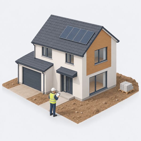 A simplified isometric assessor stands at the front of a newly built, nearly finished house with a scaffold-free facade and bare soil garden, holding a clipboard and tablet while surveying the dwelling as designed and constructed for its energy rating.