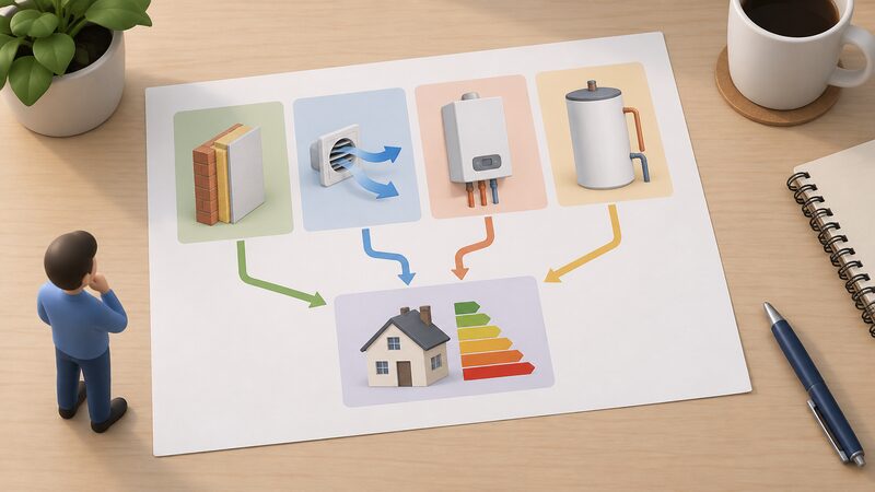 A printed diagram sheet on a desk showing four plain labelled-style input blocks for fabric, ventilation, heating and hot water, each with simple icons of walls, airflow, a boiler and a cylinder, with arrows converging into one block representing the single modelled rating.