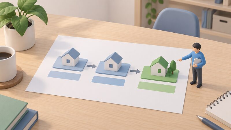 A printed timeline sheet lying on a table showing three plain markers in sequence, the first two labelled only as blank blocks for SAP 10.2 and SAP 10.3 and the third a distinct block for the planned Home Energy Model transition, with a simple isometric figure standing beside it pointing at the final marker.