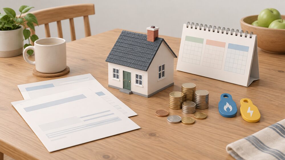A small model house sits on a kitchen table beside blank energy bills, a calendar showing quarterly pages, a pile of coins and a gas and electricity meter key, suggesting a household working out what its regulated tariff costs.