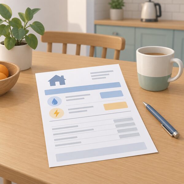 A domestic energy bill lying on a kitchen table, drawn as a physical paper document with blank lines and plain colour bands standing in for the unit rate and daily standing charge figures, beside a mug and a pen.
