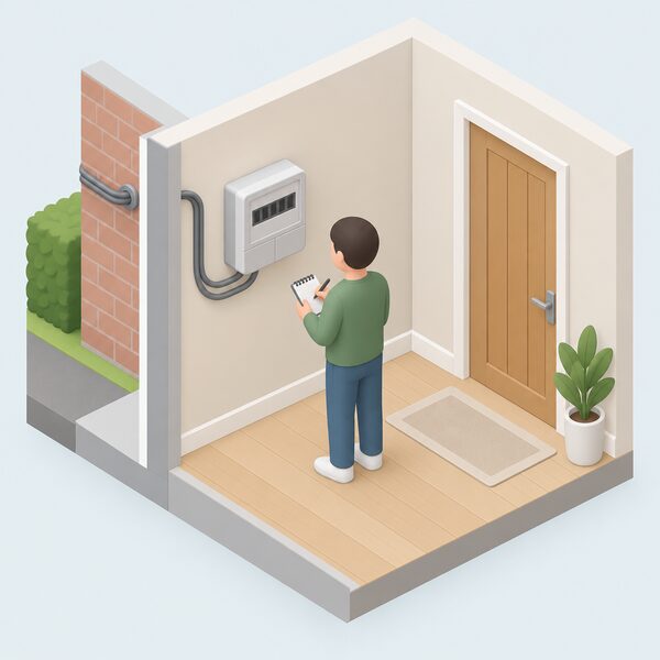 A domestic electricity meter mounted on an interior wall of a home, with a small isometric figure standing before it taking a meter reading, showing the fixed daily cost of supply that applies regardless of energy use.
