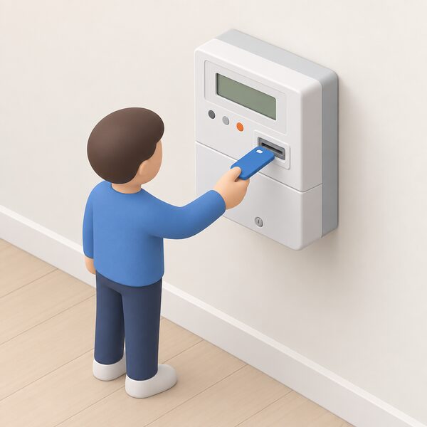 A domestic prepayment electricity meter mounted on a wall, with a small isometric figure holding a top-up key beside it, the key shown close to the meter's slot so the picture shows how the key is used to top up the meter.