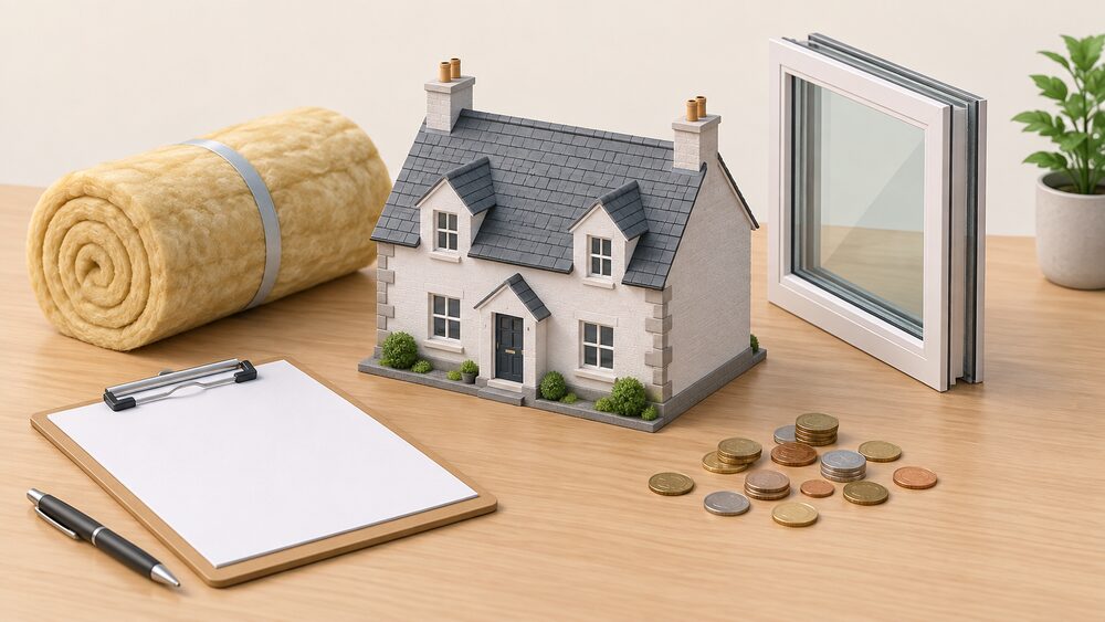 A small model of a Scottish house standing on a table beside blank survey paperwork, a clipboard and a scatter of coins, with a rolled insulation quilt and a double-glazed window pane leaning nearby to suggest the fabric improvements that raise a home's efficiency rating.
