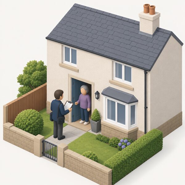 A simplified surveyor figure with a clipboard stands outside the front door of an ordinary Scottish house, being greeted by a householder, to show a Scottish House Condition Survey visit assessing a home in the national housing stock survey.