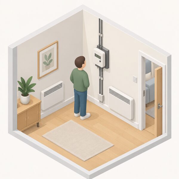 A domestic electricity meter mounted on an interior wall of a simply drawn UK home, with a small isometric figure standing beside it looking at the meter, showing electric heating as the household's primary fuel.
