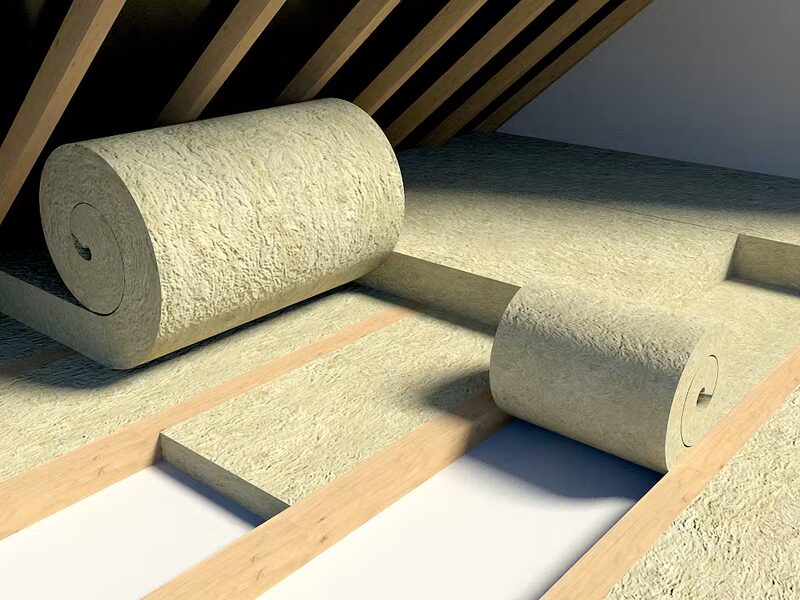 Rolls of stone wool loft insulation laid between attic floor joists