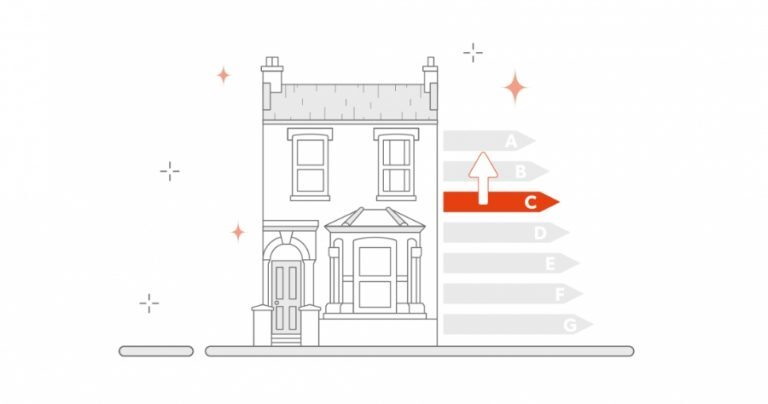 An illustration of a terraced house next to an EPC energy rating scale with an arrow pointing up to band C