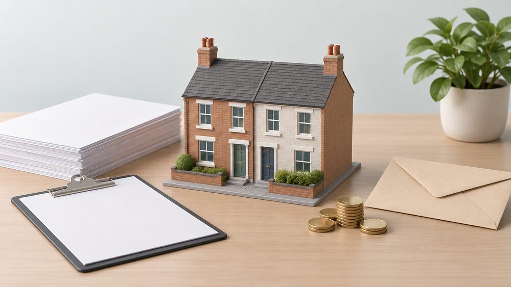 A small plain model of a terraced house sits centrally on a table beside a stack of blank official-looking paperwork with a clipboard, a sealed envelope, and a small pile of coins, suggesting a household weighing up an energy rating ambition.