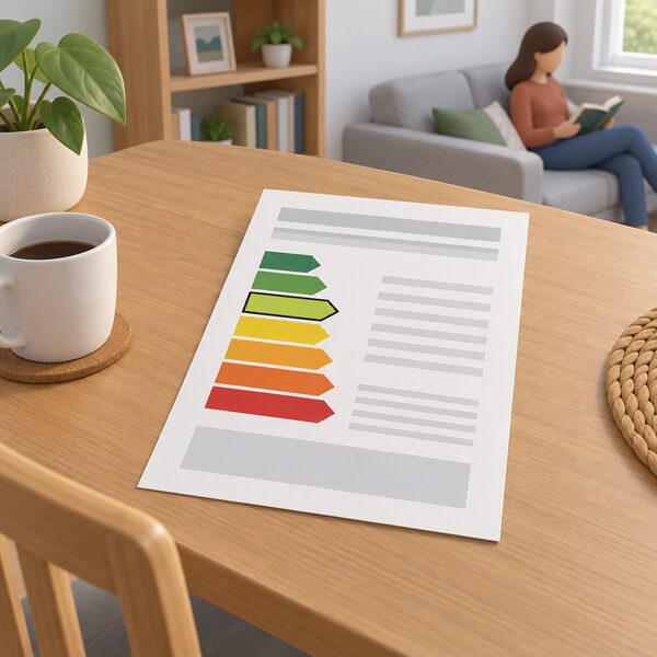 A domestic energy performance certificate as a printed sheet lying on a table in a home, showing a vertical column of plain colour rating bands with the band C band highlighted, its content otherwise blank lines so no words or figures are readable.