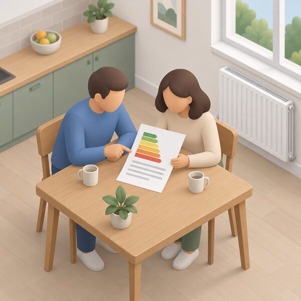 A simplified isometric household scene of two plain figures sitting at a kitchen table reading a printed EPC certificate sheet, its rating shown only as a plain colour band with blank lines, with a window and radiator in the background of the home.