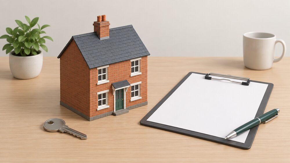 A small plain model of an older brick house standing on a table beside a clipboard with blank certificate-style paperwork, a pen, and a house key, suggesting an energy assessment of a poorly rated home.