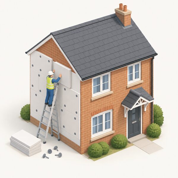 An installer fitting insulation to the external wall of a small English house, on a ladder with insulation boards and fixings, while the home's ordinary windows and roof stay in place around the work.