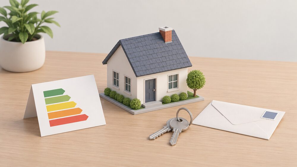 A small model of a house sits on a table beside a folded certificate document, a set of house keys and a stamped envelope, representing the moment a home is sold or let and an energy performance certificate must be provided.