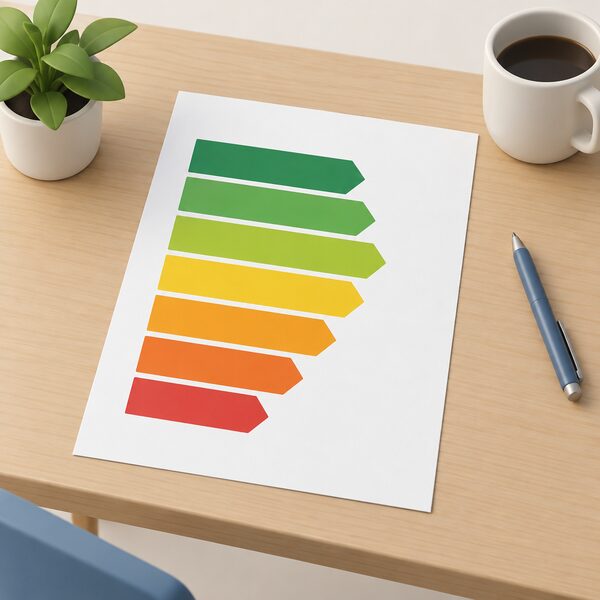 A printed EPC-style rating chart drawn as a physical sheet lying on a table, showing a vertical stack of seven coloured bands from A at the top to G at the bottom, each band a plain colour block with a blank letter-free marker, the bands stepping shorter towards the bottom to suggest the 1 to 100 score mapping.