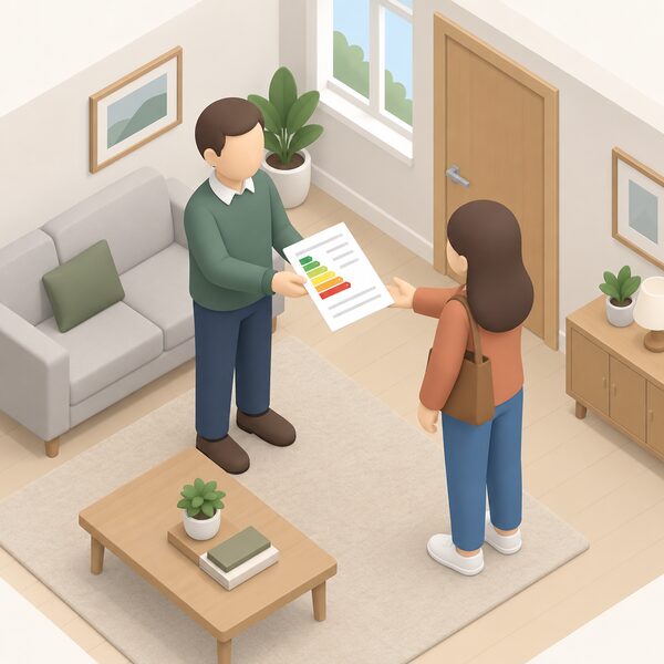 An owner handing a printed energy performance certificate document to a prospective buyer or tenant during a viewing inside a home, the certificate shown as a physical sheet with a plain colour rating band and blank lines, no readable words or numbers.