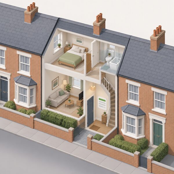 A simplified isometric view of an ordinary terraced house shown as privately rented, with a landlord's energy performance certificate document pinned inside the hallway near the front door, the certificate's band shown only as a plain colour block with blank lines.