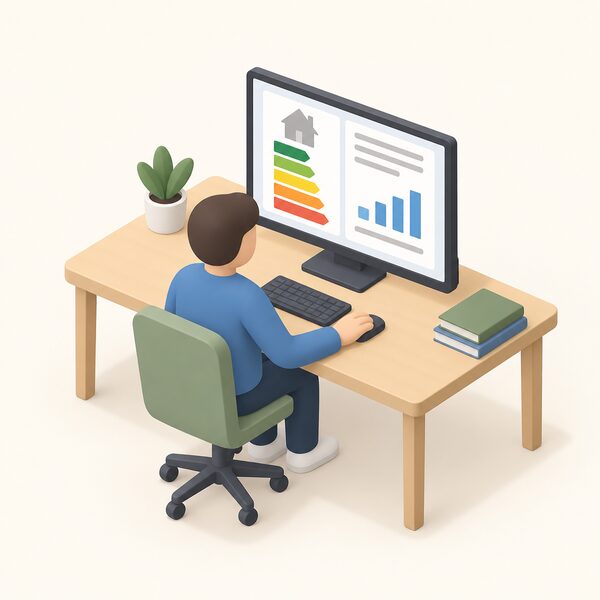A simplified isometric figure sits at a desk viewing a computer screen showing a plain EPC register page with blank rating bands and a simple bar chart, researching or comparing housing data.
