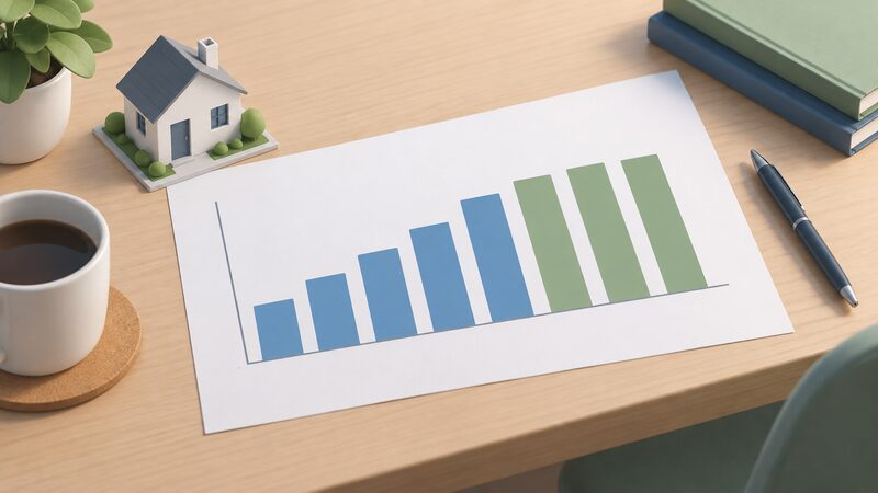 A printed bar chart sheet lying on a desk showing quarterly domestic EPC lodgements in England, with bars rising through 2025 and levelling in early 2026, drawn with plain bars and no numbers or words.