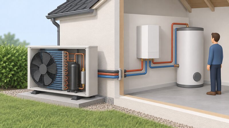 A cutaway diagram of an air-to-water air source heat pump showing the outdoor unit beside a house wall with its fan, coil and compressor visible inside, and the refrigerant and water pipework passing through the wall to an indoor unit and hot water cylinder.