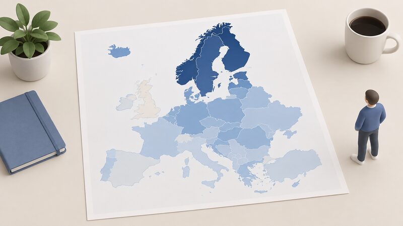 A simplified map of Europe drawn as a printed sheet, with countries shaded in plain colour bands from dark for the Nordic countries at the top down to pale for the UK near the bottom, showing heat pump sales per thousand households with no names or numbers.