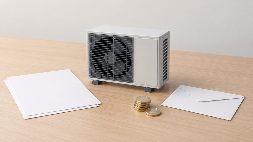 A small model of an outdoor air-to-water heat pump unit, a fan box in a grille casing on short feet, stands on a plain desk beside blank sheets of paper, a plain envelope and a small stack of coins, with nothing else in the scene.