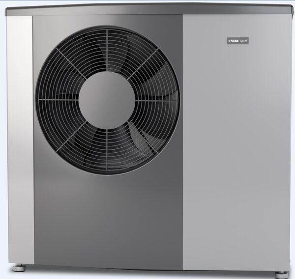 A NIBE S2125 air source heat pump outdoor unit with a large side fan, shown against a plain background