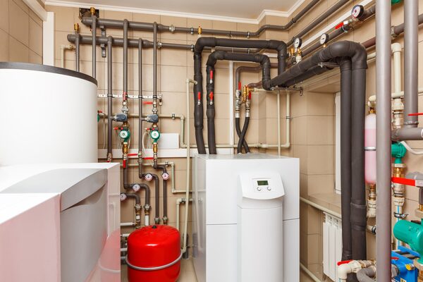 A heat pump and hot water cylinder installed in a plant room with extensive pipework, valves and an expansion vessel