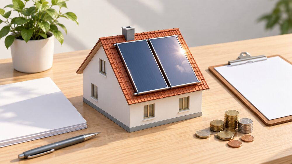 A small model of a house roof carrying two flat solar thermal collector panels sits on a desk beside blank paperwork, a clipboard and a scatter of coins, all lit by bright daylight.