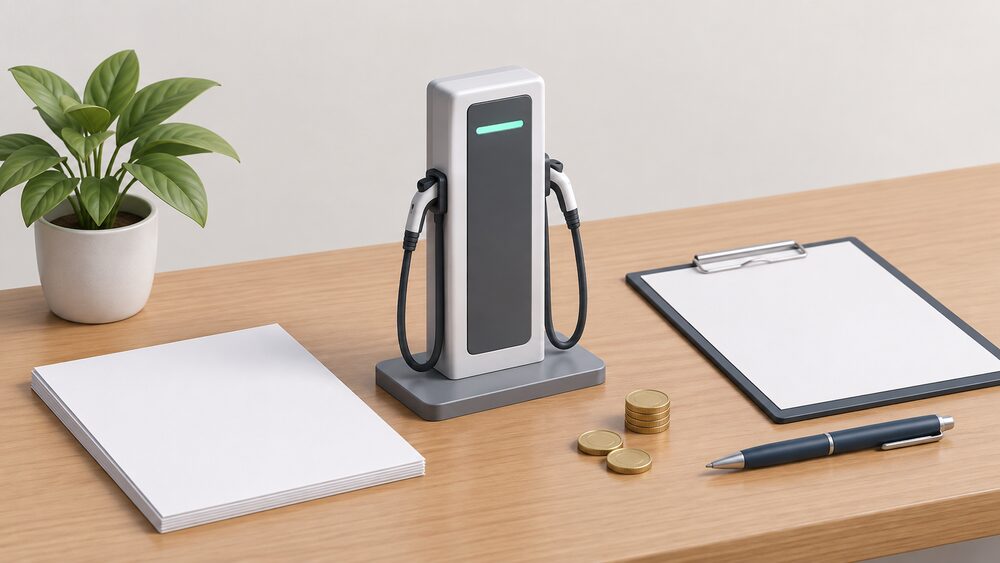 A small model of a public electric vehicle charging device, a ground-mounted unit with two charging cables, stands on a table beside blank official paperwork, a clipboard and a pen, with a few coins nearby.
