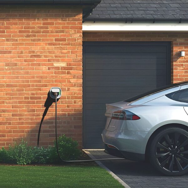 A wall-mounted Link EV charger on a brick house with a cable plugged into a silver electric car in the driveway