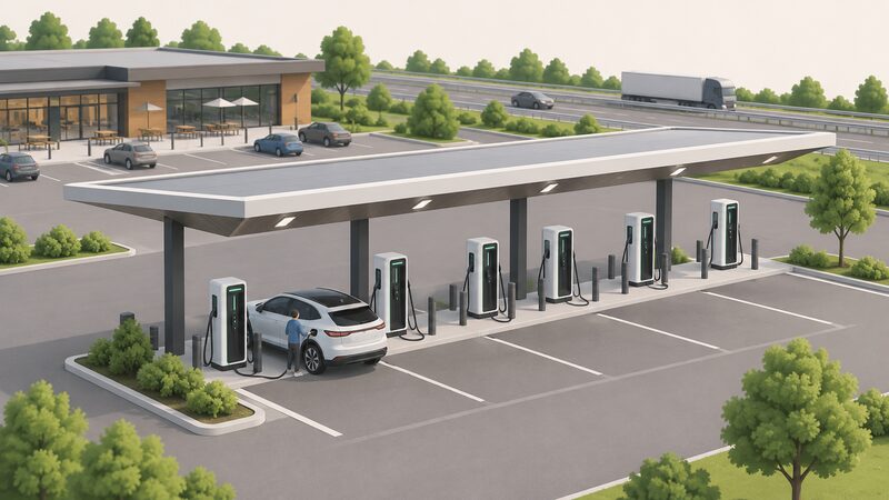 A motorway service area forecourt where a row of high-power rapid charging units stands under a large canopy, with a small isometric figure plugging a cable into an electric car parked at one of the chargers.