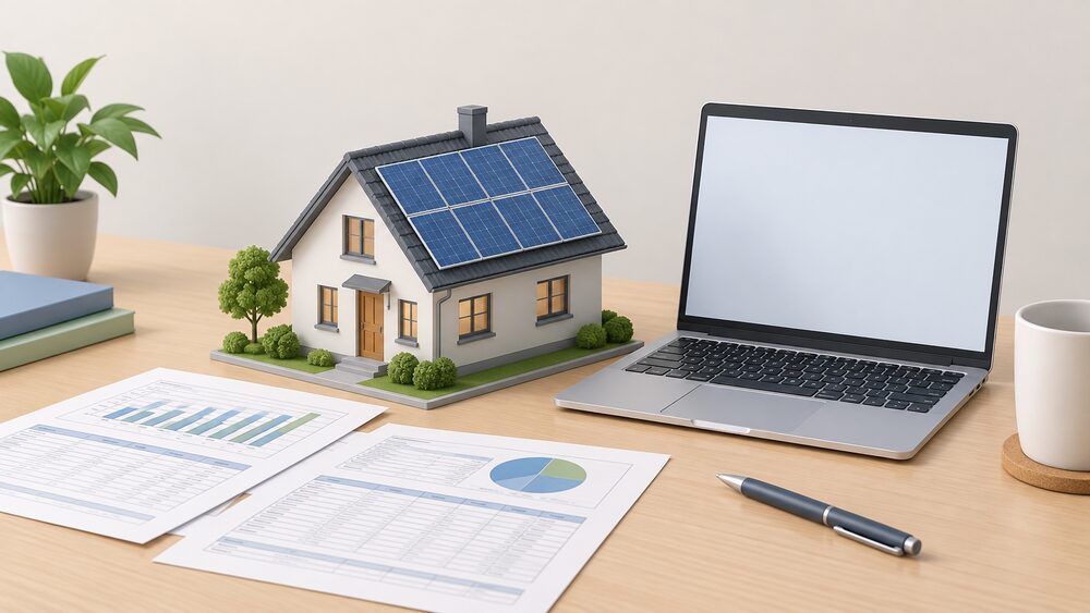 A small model house with solar panels on its pitched roof sits beside a laptop with a blank screen and loose printed spreadsheet pages on a desk, suggesting the record of household solar installations.