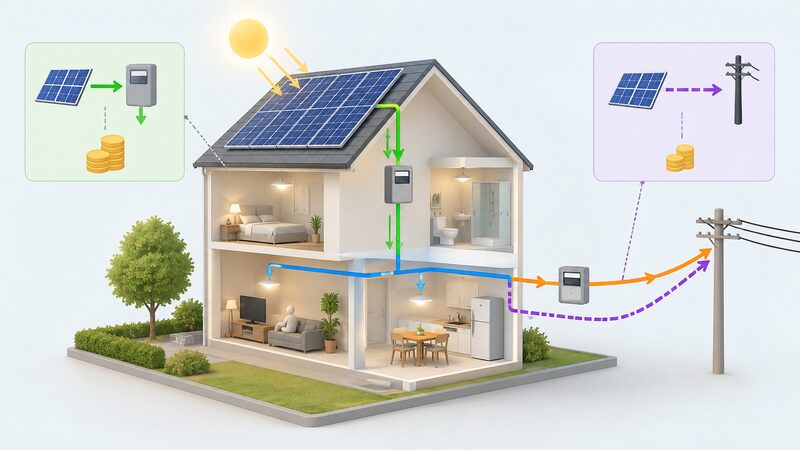 A cutaway diagram of a domestic house with rooftop solar panels feeding a generation meter, with one flow path through an export meter to the grid and a second deemed export path shown as an assumed half of generation going to the grid without a meter.