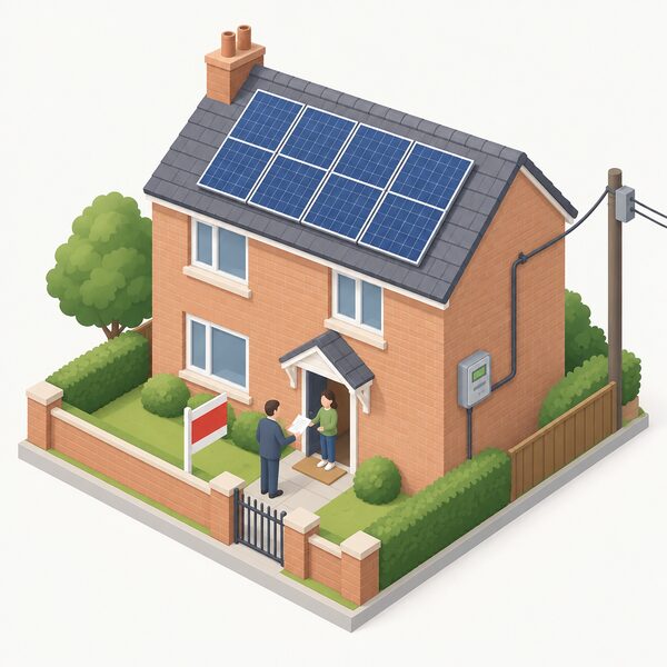 A modest UK house with solar panels on its roof, a sold sign by the gate, and a new owner standing at the door receiving a document, while a generation meter on the wall and a cable to the electricity supply remain in place.