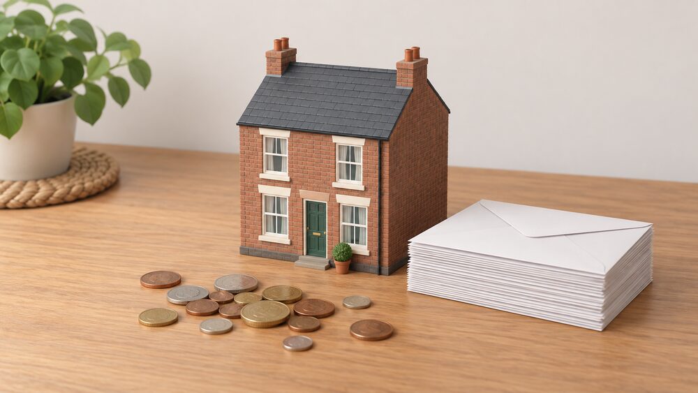 A small model of a modest English terraced house sits centrally on a table, with a thick stack of blank envelopes beside it and a scatter of coins in front, suggesting a household struggling with heating costs.