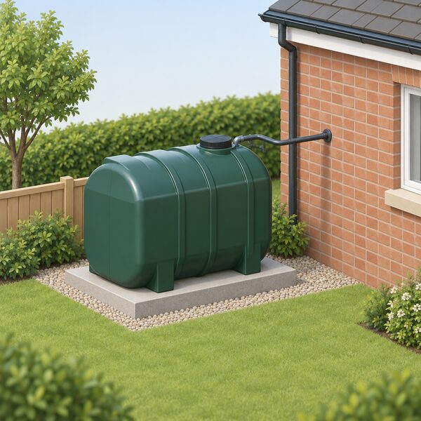 A small plastic domestic heating oil tank on a concrete base at the side of a brick house, with its fill point cap and a pipe running toward the outside wall, standing clear of the building in a simple garden setting.