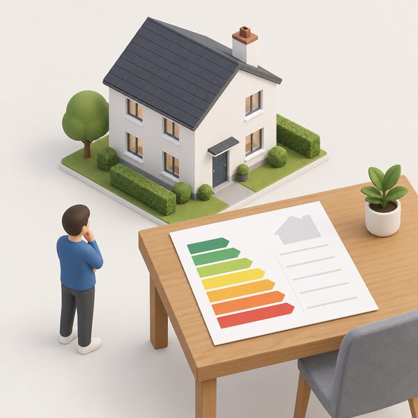 A simplified isometric house with a printed energy efficiency rating document lying on a table in front of it, the sheet carrying a plain coloured rating band label with blank unmarked sections, no readable words or numbers.